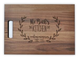 personalized wood cutting board engraved with kitchen name and established date | perfect customized wedding gifts for couples housewarming gift or mothers day gifts