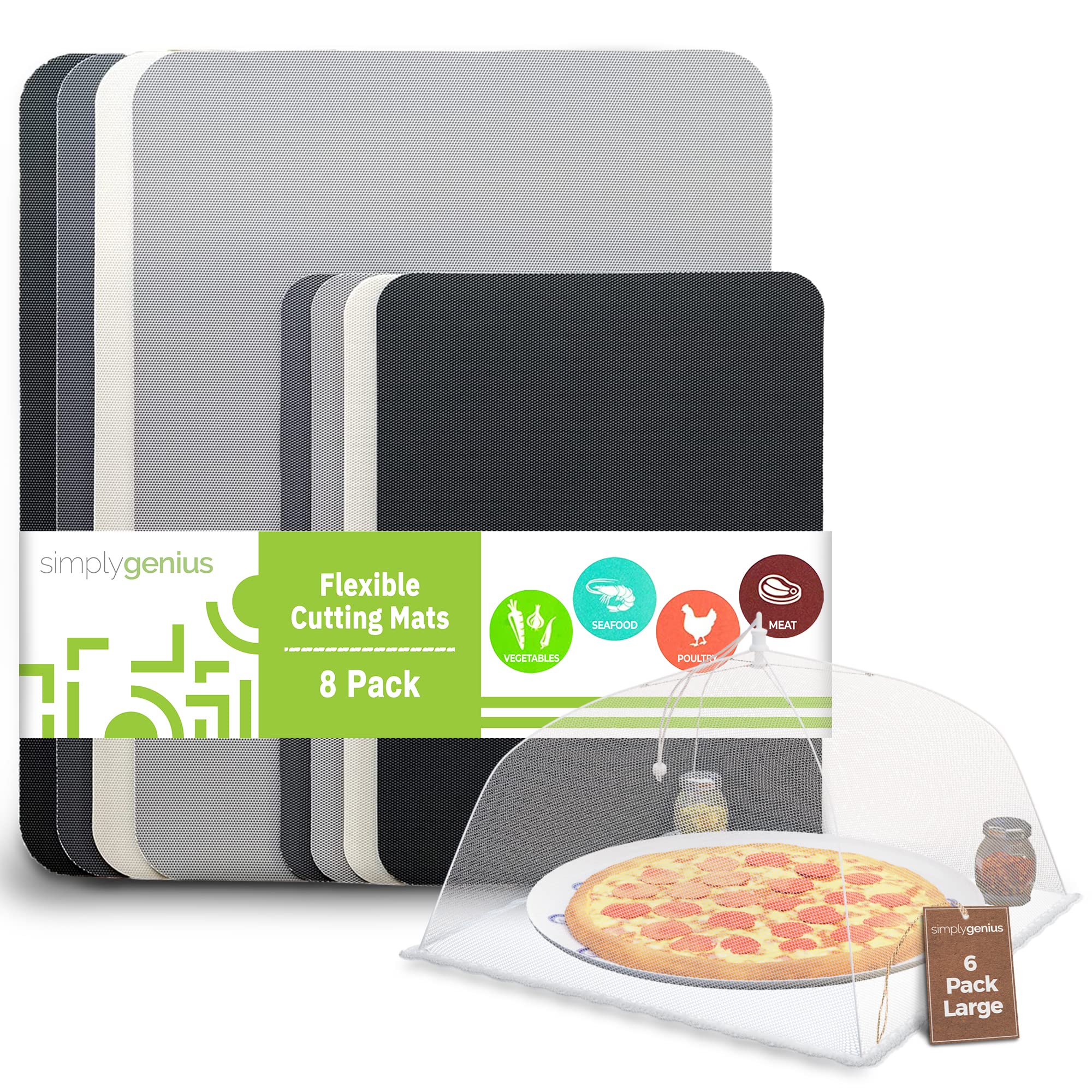 Simply Genius (Bundle) - Extra Thick Cutting Boards for Kitchen Prep, Non Slip Flexible Cutting Mat Set, Dishwasher Safe & Large and Tall 17x17 Pop-Up Mesh Food Covers Tent Umbrella for Outdoors