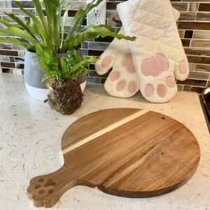 Cricket & Junebug Cat Paw Cheese Board 16 x 12 x 0.5 Inch Acacia Wood, Round Paw Print Charcuterie Board with Handle, Bread and Crackers Serving Platter/Tray