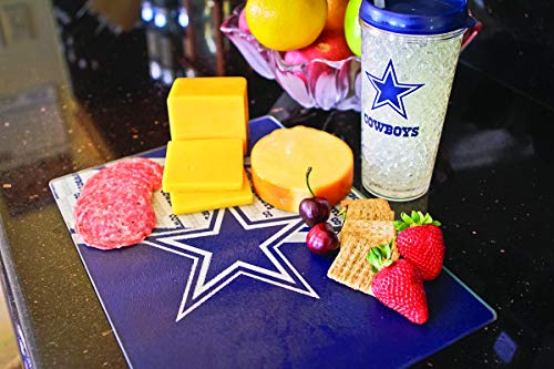 Duck House NFL Dallas Cowboys Tempered Glass Cutting Board with Display Stand, White ,10" X 14"