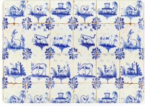 marye-kelley, old delft tiles tempered glass cutting/serving board, 15" x 12"