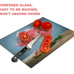 Tempered Glass Cutting Board Still life with pink flowers on wooden table over grunge background Tableware Kitchen Decorative Cutting Board with Non-slip Legs, Serving Board, Large Size, 15" x 11"