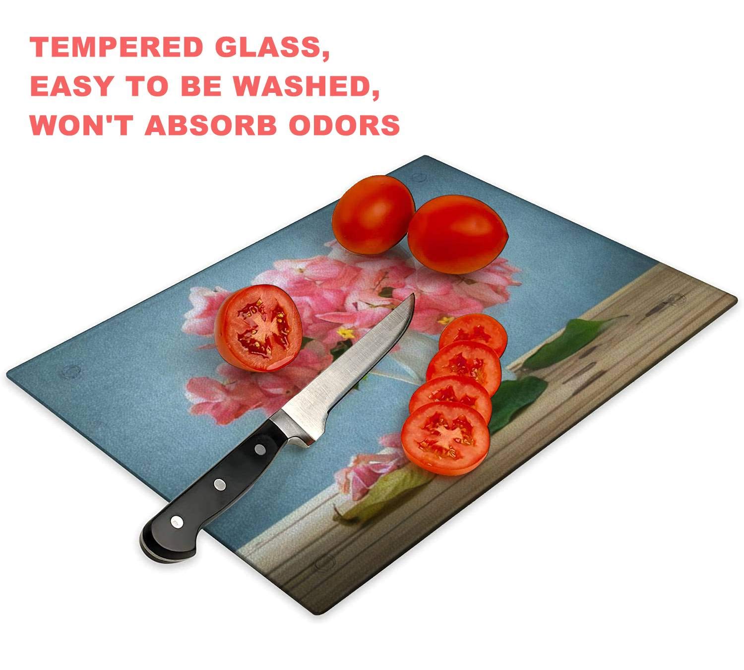 Tempered Glass Cutting Board Still life with pink flowers on wooden table over grunge background Tableware Kitchen Decorative Cutting Board with Non-slip Legs, Serving Board, Large Size, 15" x 11"