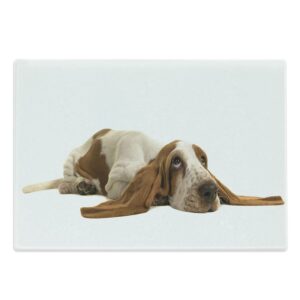 ambesonne basset hound cutting board, long eared dog lying down on white background, decorative tempered glass cutting and serving board, large size, caramel mustard