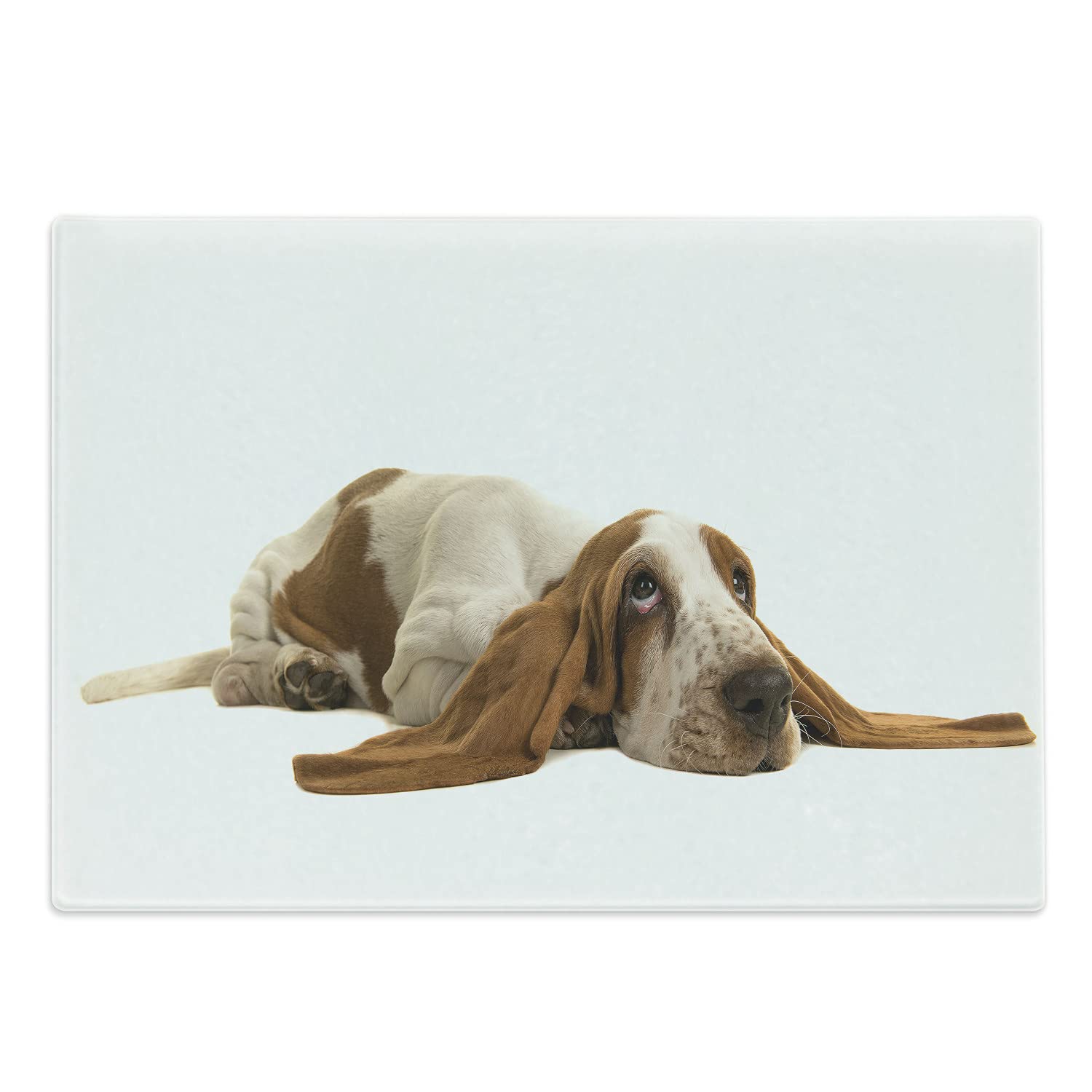 Ambesonne Basset Hound Cutting Board, Long Eared Dog Lying down on White Background, Decorative Tempered Glass Cutting and Serving Board, Large Size, Caramel Mustard