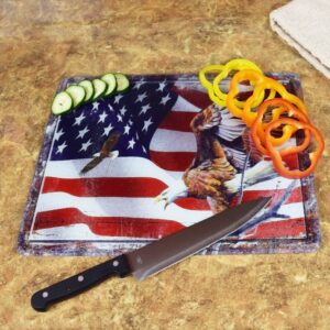 Rivers Edge Products Large 12in x 16in Decorative Tempered Glass Cutting Board, Hypoallergenic, Non Slip, Textured Surface Chopping Board for Kitchen, Bald Eagle and American Flag, American Flag Eagle