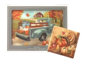 fall home decor country glass kitchen cutting board: coming home with the harvest pumpkin blue truck