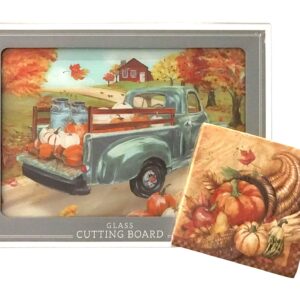 Fall Home Decor Country Glass Kitchen Cutting Board: Coming Home with the Harvest Pumpkin Blue Truck