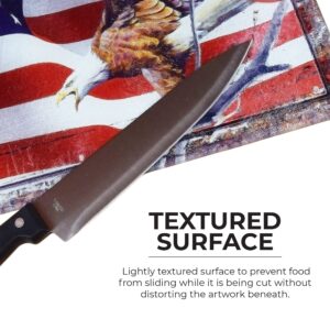 Rivers Edge Products Large 12in x 16in Decorative Tempered Glass Cutting Board, Hypoallergenic, Non Slip, Textured Surface Chopping Board for Kitchen, Bald Eagle and American Flag, American Flag Eagle