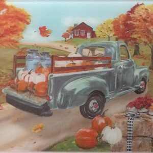 Fall Home Decor Country Glass Kitchen Cutting Board: Coming Home with the Harvest Pumpkin Blue Truck