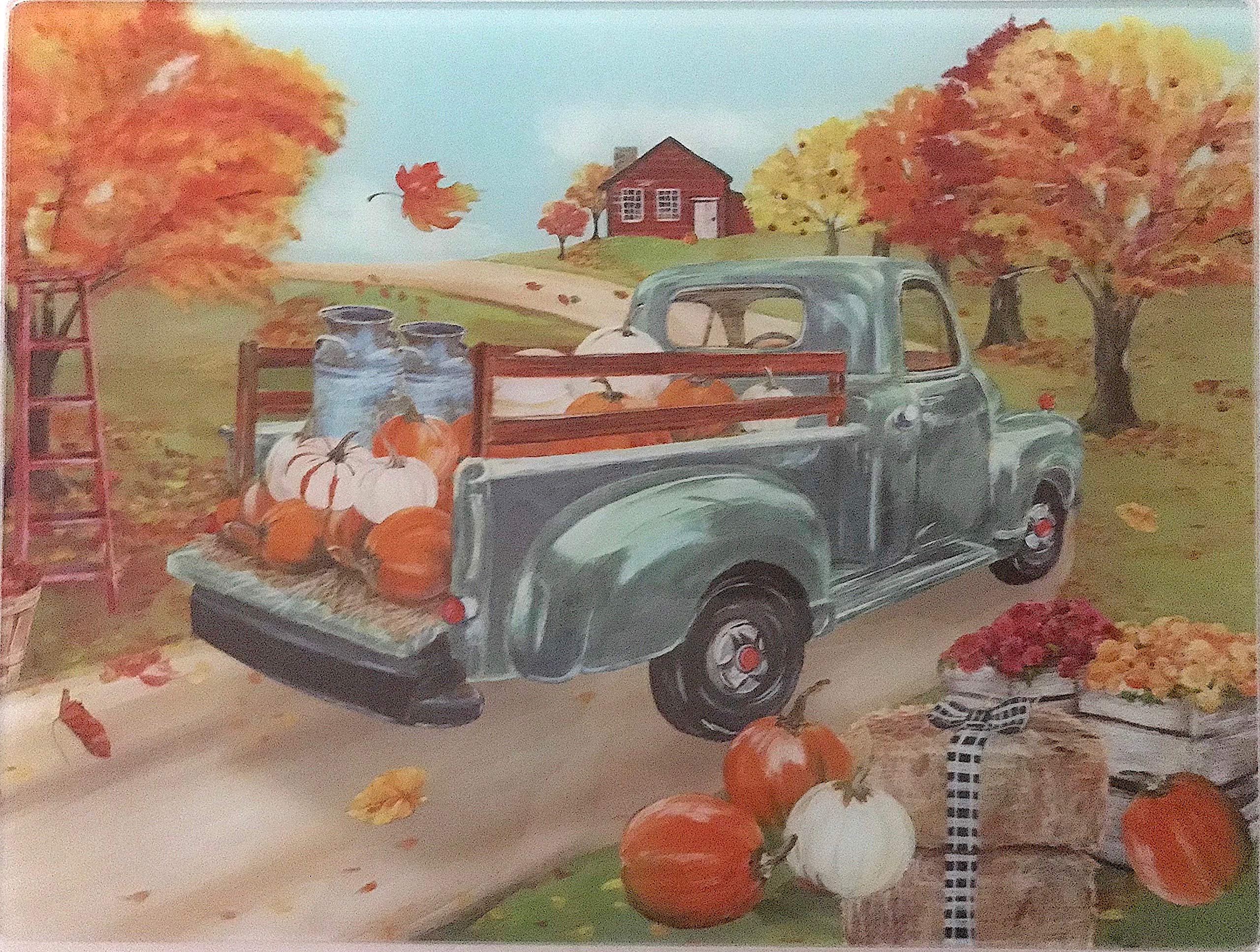 Fall Home Decor Country Glass Kitchen Cutting Board: Coming Home with the Harvest Pumpkin Blue Truck