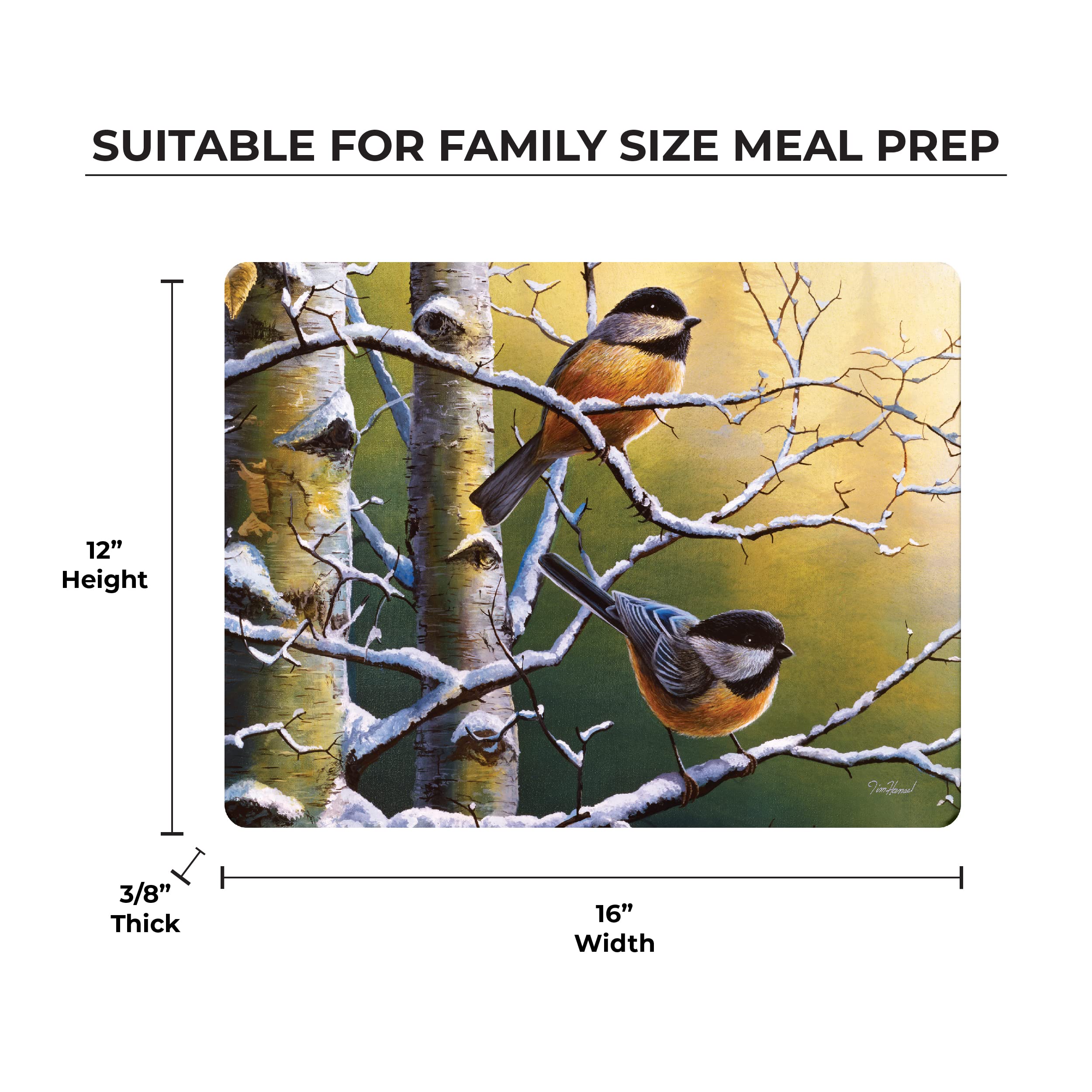 Rivers Edge Products Large 12in x 16in Decorative Tempered Glass Cutting Board, Hypoallergenic, Non Slip, Textured Surface Chopping Board for Kitchen, Cute Birds for Bird Watcher, Chickadee