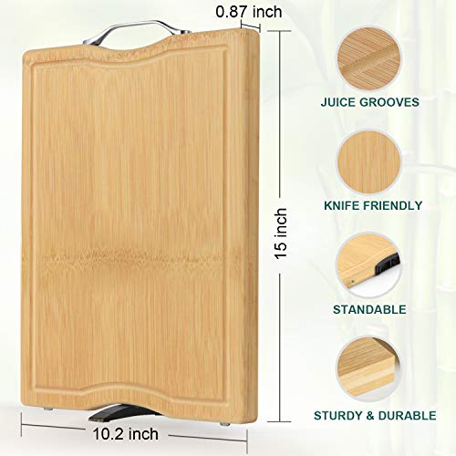 Organic Bamboo Cutting Board for Kitchen with Juice Groove,Upright Stand Chopping Board with Rotatable Base, Durable Thick Kitchen Butcher Block with Handle for Meat,Vegetables -15 x 10 x 0.87 inch