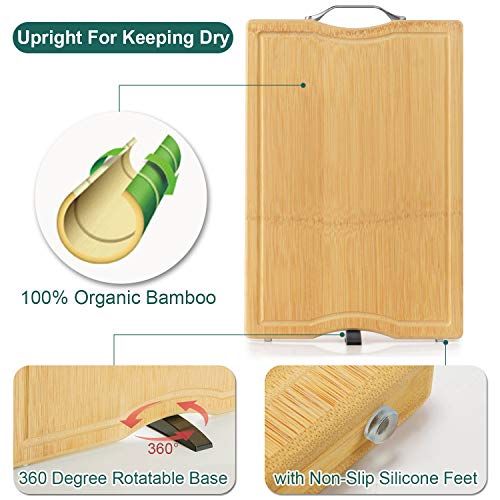 Organic Bamboo Cutting Board for Kitchen with Juice Groove,Upright Stand Chopping Board with Rotatable Base, Durable Thick Kitchen Butcher Block with Handle for Meat,Vegetables -15 x 10 x 0.87 inch