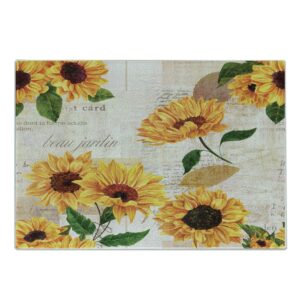 lunarable sunflower cutting board, romantic flowers on old fashioned letters postcards newspapers, decorative tempered glass cutting and serving board, small size, fern green marigold