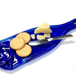 Blue Wine Bottle Cheese Tray with Cheese Spreader, Large Spoon Rest from Flat Bottle