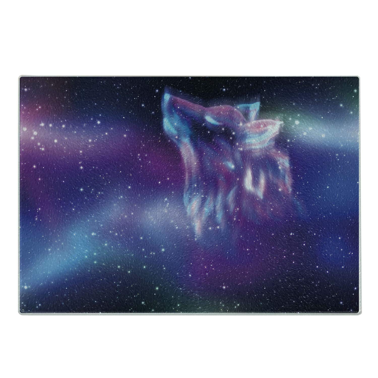 Ambesonne Fantasy Cutting Board, Psychedelic Northern Starry Sky with Spirit of a Wolf Aurora Borealis Display, Decorative Tempered Glass Cutting and Serving Board, Large Size, Purple Blue