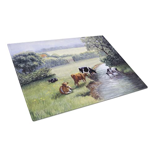 Caroline's Treasures BDBA0350LCB Cows Drinking at the Creek Bank Glass Cutting Board Large Decorative Tempered Glass Kitchen Cutting and Serving Board Large Size Chopping Board