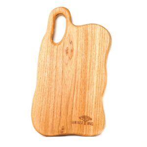 rainforest bowls 13"x7" irregular shaped javanese teak wood cutting board w/handle- ultra-durable, heavy duty, lasts years w/daily use- premium style handcrafted by indonesian artisans