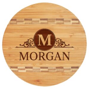personalized round cutting board, custom engraved monogram block inlay cutting board for wedding, gift for mom, housewarming, anniversary (large: 11 3/4'')