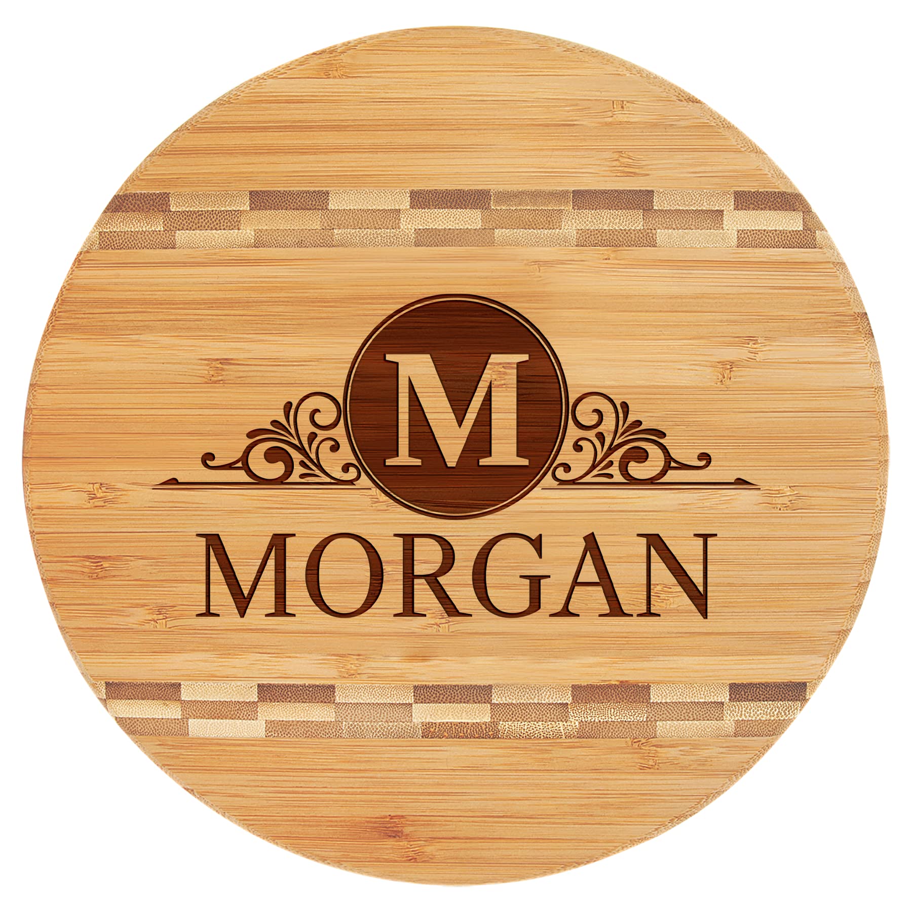 Personalized Round Cutting Board, Custom Engraved Monogram Block Inlay Cutting Board for Wedding, Gift for Mom, Housewarming, Anniversary (Large: 11 3/4'')