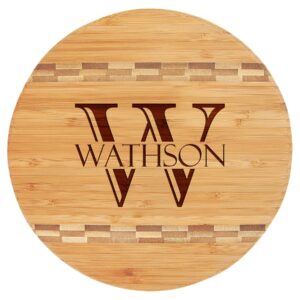 Personalized Round Cutting Board, Custom Engraved Monogram Block Inlay Cutting Board for Wedding, Gift for Mom, Housewarming, Anniversary (Large: 11 3/4'')