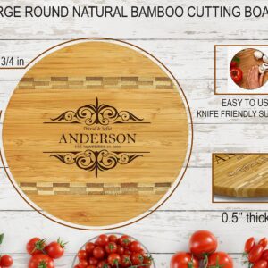 Personalized Round Cutting Board, Custom Engraved Monogram Block Inlay Cutting Board for Wedding, Gift for Mom, Housewarming, Anniversary (Large: 11 3/4'')