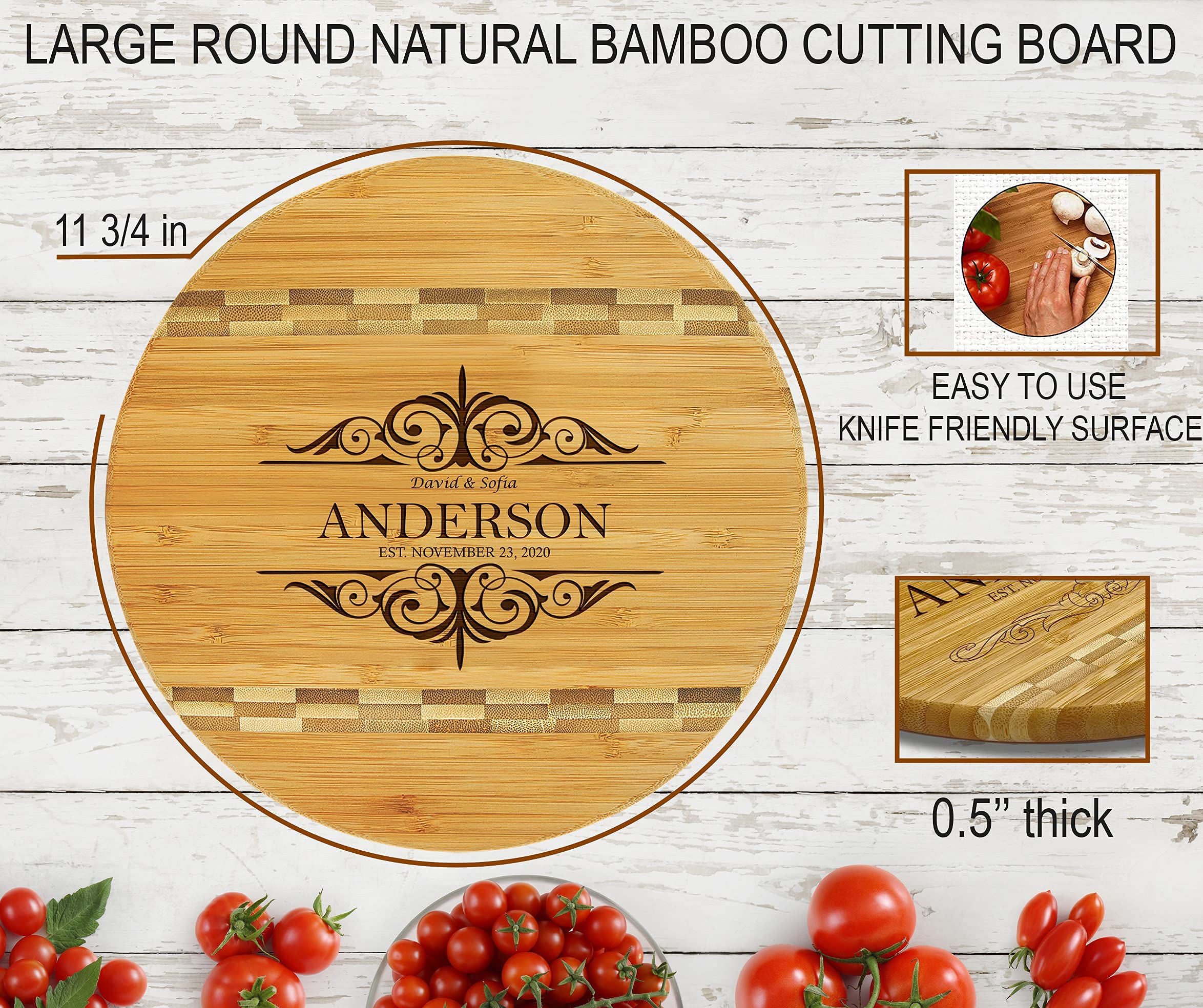 Personalized Round Cutting Board, Custom Engraved Monogram Block Inlay Cutting Board for Wedding, Gift for Mom, Housewarming, Anniversary (Large: 11 3/4'')