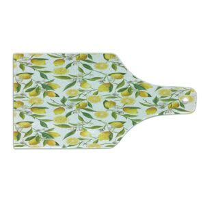 ambesonne nature cutting board, exotic lemon tree branches yummy delicious kitchen gardening design, decorative tempered glass cutting and serving board, wine bottle shape, fern green yellow white