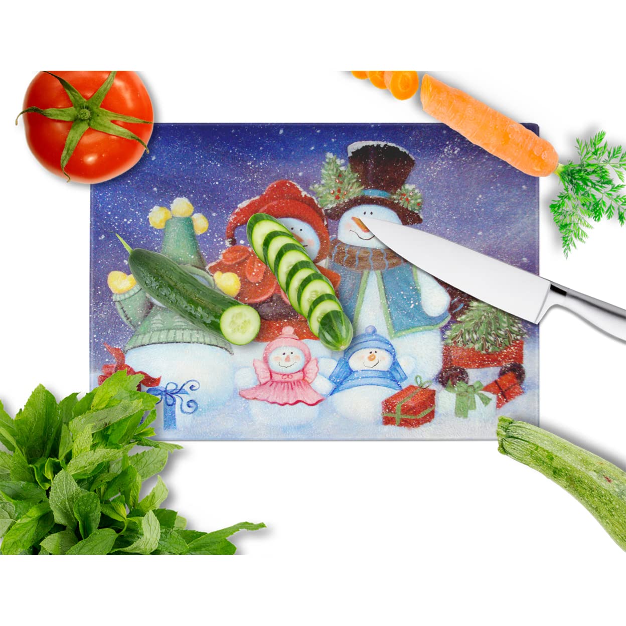 Caroline's Treasures PJC1080LCB Merry Christmas From Us All Snowman Glass Cutting Board Large Decorative Tempered Glass Kitchen Cutting and Serving Board Large Size Chopping Board