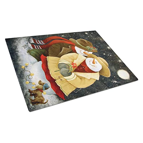 Caroline's Treasures PJC1016LCB Love at Christmas Snowman Glass Cutting Board Large Decorative Tempered Glass Kitchen Cutting and Serving Board Large Size Chopping Board