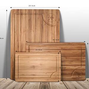 3 Piece Bamboo Cutting Board Set, Serving Vegetables Meat Kitchen Chopping Butcher Block with Deep Juice Grooves