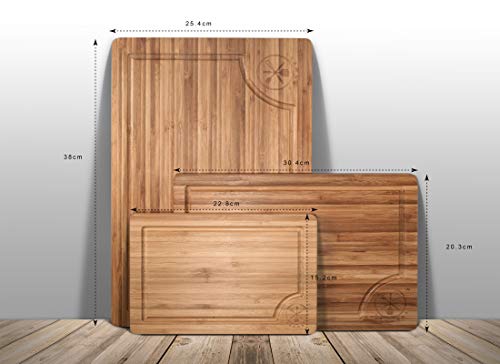 3 Piece Bamboo Cutting Board Set, Serving Vegetables Meat Kitchen Chopping Butcher Block with Deep Juice Grooves