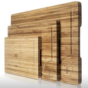 3 piece bamboo cutting board set, serving vegetables meat kitchen chopping butcher block with deep juice grooves