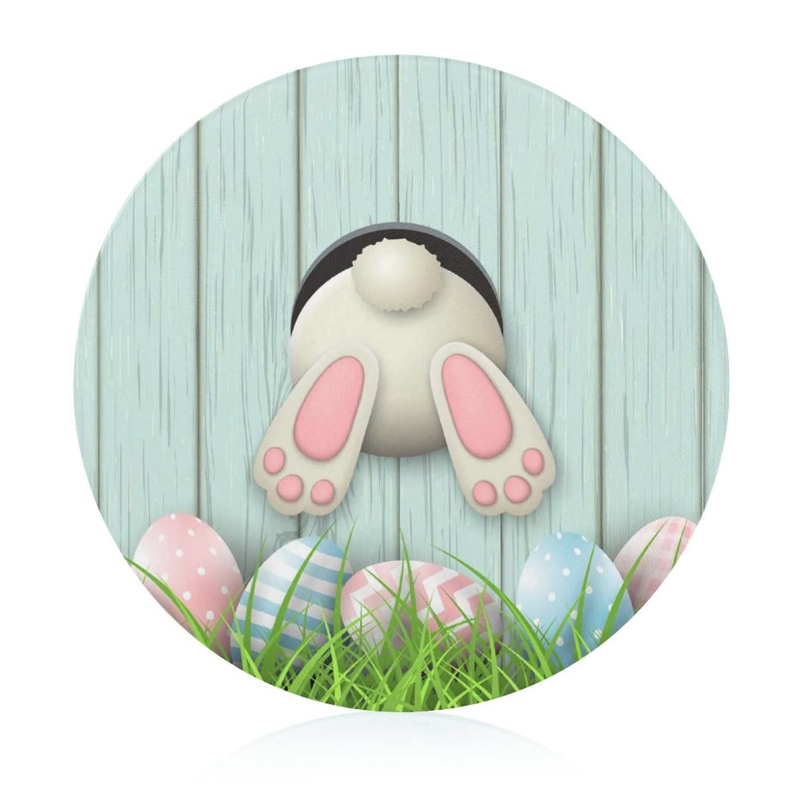 Bagea-Ka Easter_White Bunny Rabbit Pattern Tempered Glass Cutting Board 8" Round Kitchen Decorative Chopping Board Small