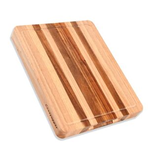 large acacia oak wood cutting board for kitchen multipurpose chopping board with juice groove & built-in well for meat, cracker, vegetables and cheese, 15 x 12 x 1.5 inch