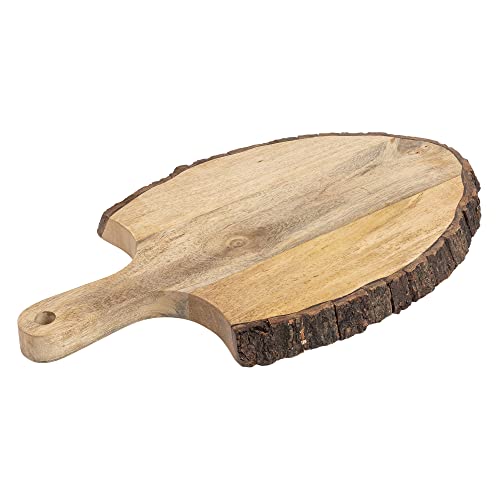 GoCraft Wooden Cutting Board with Tree Bark Rim | Paddle Shaped Mango Wood Live Edge Chopping, Prep, Serve Board with Handle | Charcuterie Platter - 16.75" x 9"