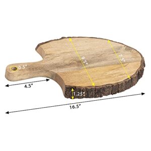 GoCraft Wooden Cutting Board with Tree Bark Rim | Paddle Shaped Mango Wood Live Edge Chopping, Prep, Serve Board with Handle | Charcuterie Platter - 16.75" x 9"