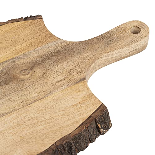 GoCraft Wooden Cutting Board with Tree Bark Rim | Paddle Shaped Mango Wood Live Edge Chopping, Prep, Serve Board with Handle | Charcuterie Platter - 16.75" x 9"