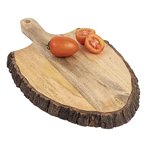 GoCraft Wooden Cutting Board with Tree Bark Rim | Paddle Shaped Mango Wood Live Edge Chopping, Prep, Serve Board with Handle | Charcuterie Platter - 16.75" x 9"