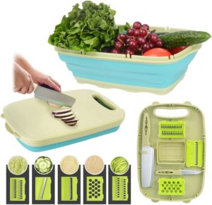 buyone collapsible cutting board, foldable chopping with colander, 9-in-1 multi kitchen vegetable washing basket silicone dish tub for camping, picnic, bbq, kitchen-green, lsbl1t, one size