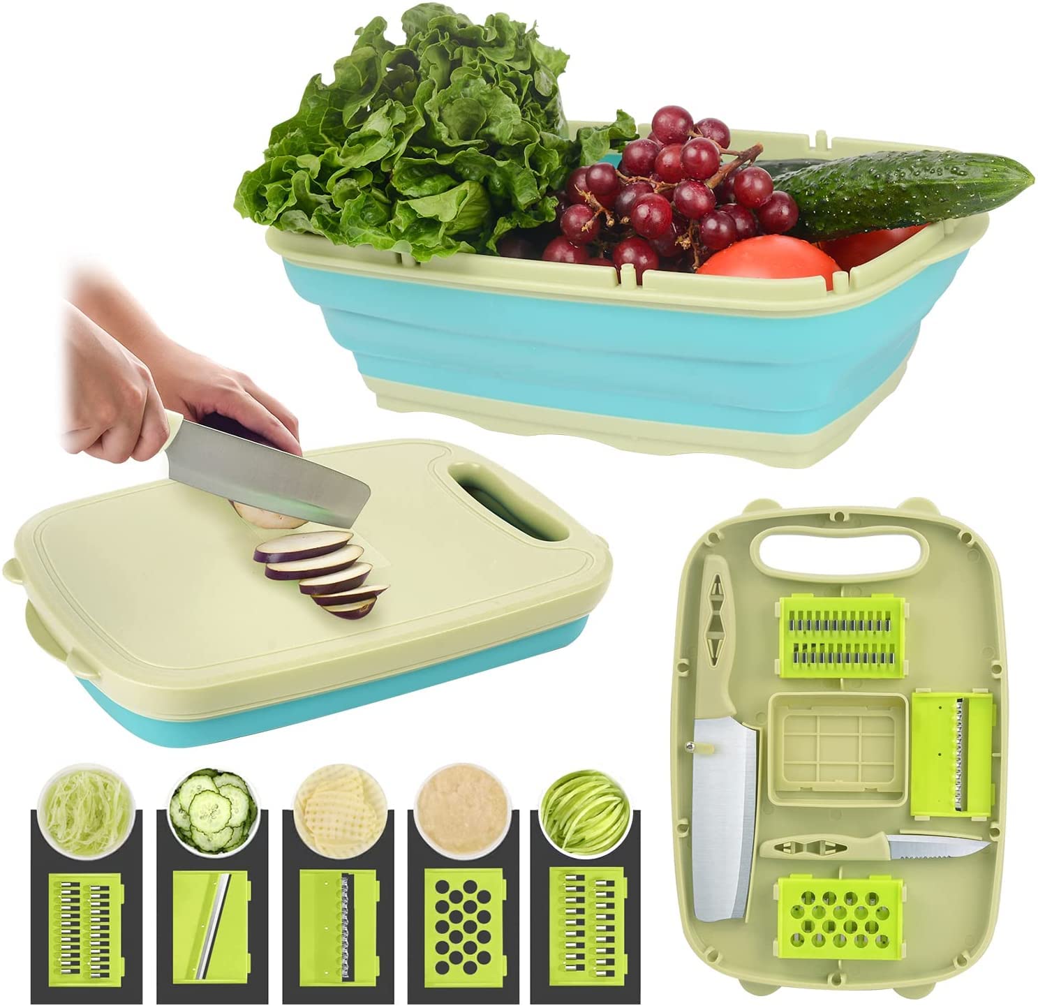 BUYONE Collapsible Cutting Board, Foldable Chopping with Colander, 9-In-1 Multi Kitchen Vegetable Washing Basket Silicone Dish Tub for Camping, Picnic, BBQ, Kitchen-Green, LSBL1T, One Size