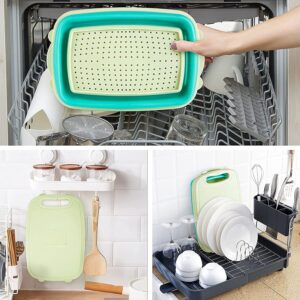 BUYONE Collapsible Cutting Board, Foldable Chopping with Colander, 9-In-1 Multi Kitchen Vegetable Washing Basket Silicone Dish Tub for Camping, Picnic, BBQ, Kitchen-Green, LSBL1T, One Size