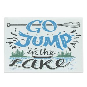 lunarable cabin cutting board, vintage typography inspirational words lake sign canoe fishing sports theme, decorative tempered glass cutting and serving board, large size, blue black green