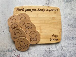 lrg golden girls gift set, cutting board, utensil and coaster set, custom engraved funny set, gift idea, thank you for being a friend