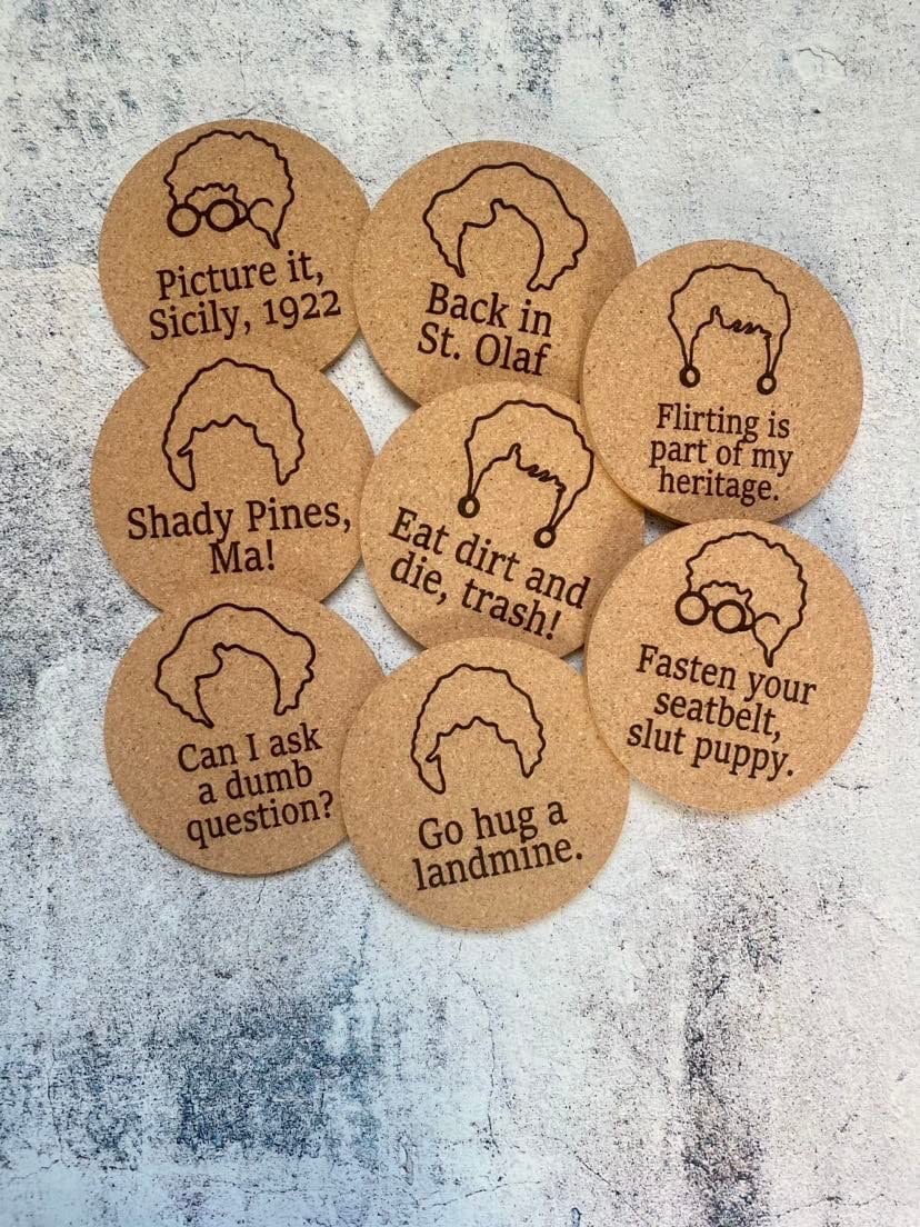 Lrg Golden Girls Gift Set, Cutting Board, Utensil and Coaster Set, Custom Engraved Funny Set, Gift Idea, Thank You For Being A Friend