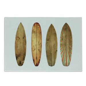 ambesonne surfboard cutting board, water sports associated retro style vintage wooden isolated surfing objects, decorative tempered glass cutting and serving board, small size, white brown