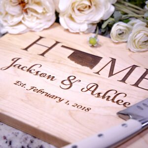 custom house warming gifts - perfect gift idea for brand new homeowners - personalized wooden cutting board for friends, couples, homeowners, and newlyweds!