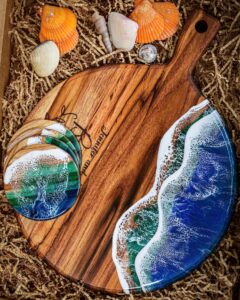cutting board and cup holder set, chopping board and cup holder set, resin cutting board, chopping board, cutting board, ocean theme cutting board, customized cutting board, personalized cutting board