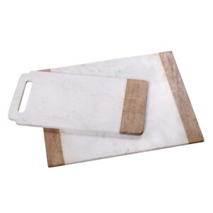 creative home natural marble with mango wood 18" x 9" handled 16" x 20" pastry board set, 18" l x 9" w x 5/8" h, 16" l x 20" w x 5/8" h, off-white (patterns may vary)
